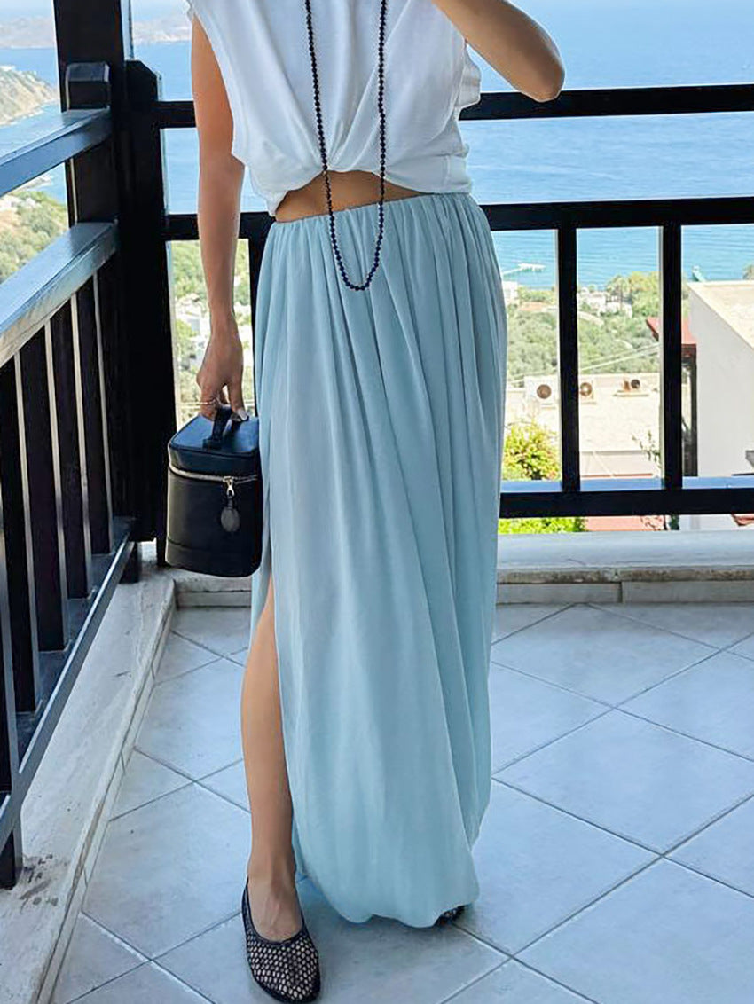 Draped Pleated Wide Leg Maxi Skirt NorixaFashion.com