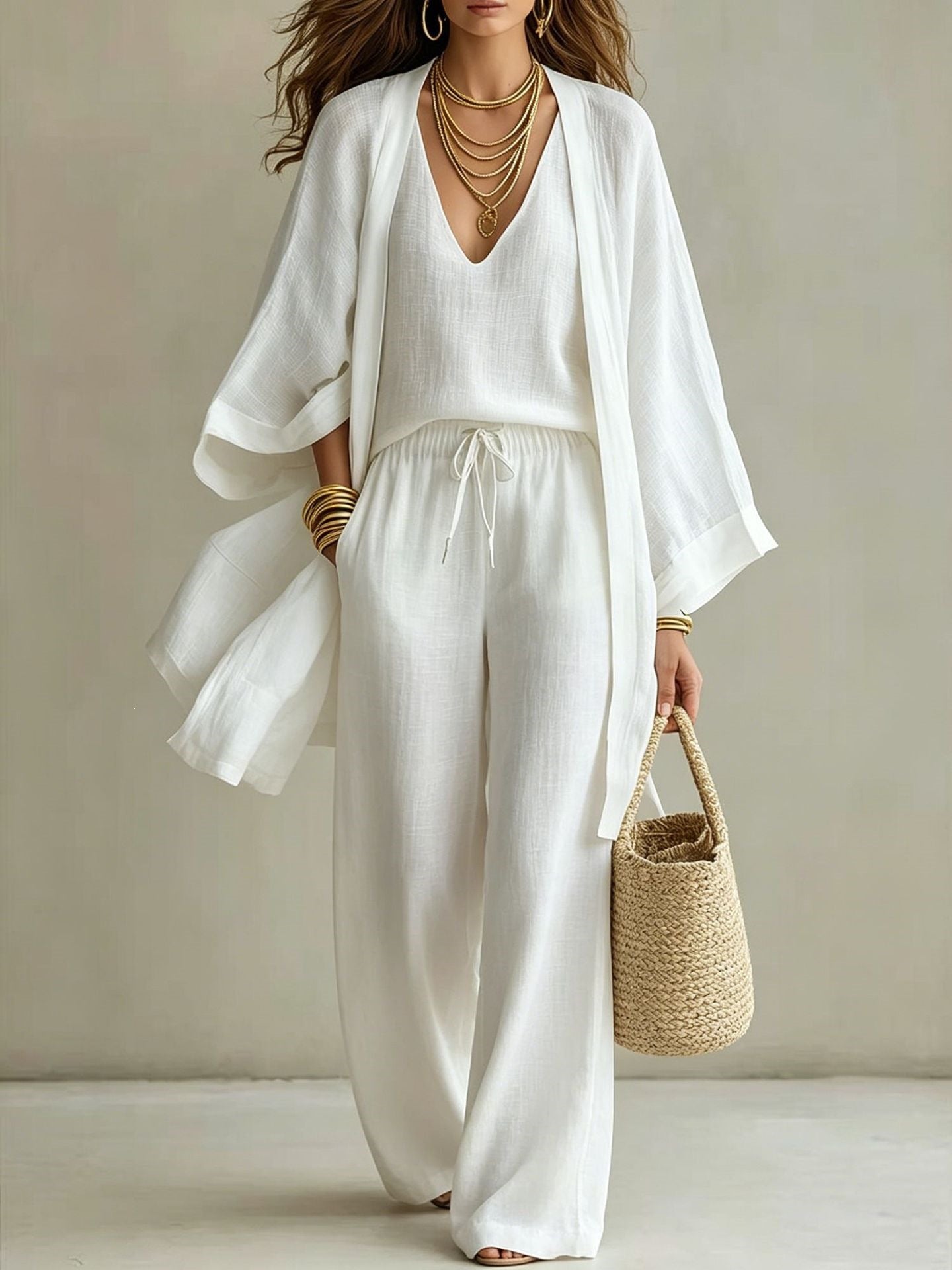 Womens Casual Three-piece Set Nine-quarter-sleeve Cardigan Sleeveless Vest And Long Pants NorixaFashion.com