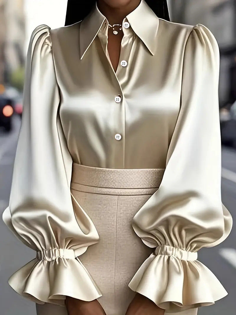 New Stylish Solid-colored Bubble Sleeve Long-sleeve Lapel Satin Shirt For Commuting LadyShow.Store