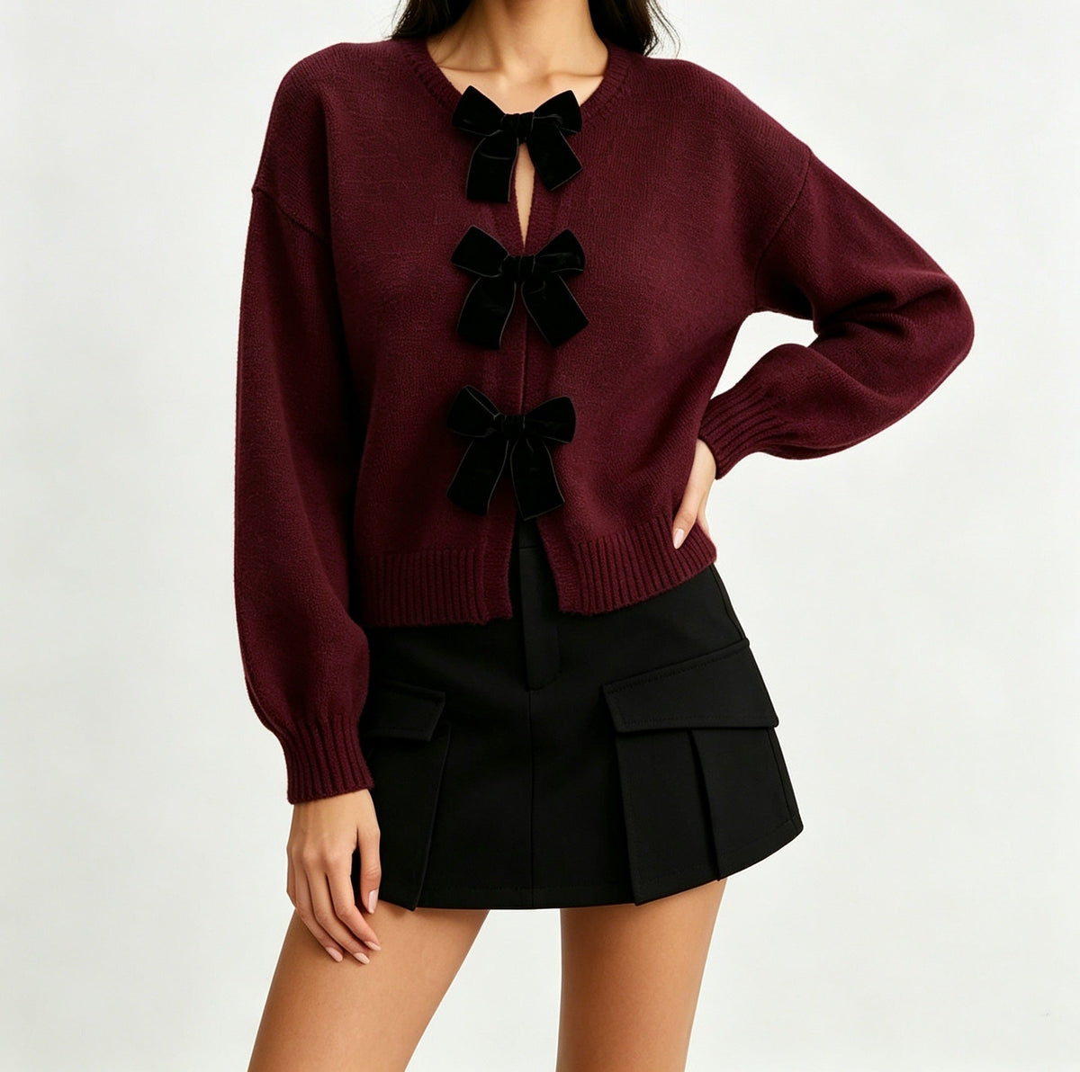 2026 Autumn Cross Border French Retro Bow Sweater Cardigan Round Neck Knitted Coat Women's Top NorixaFashion.com