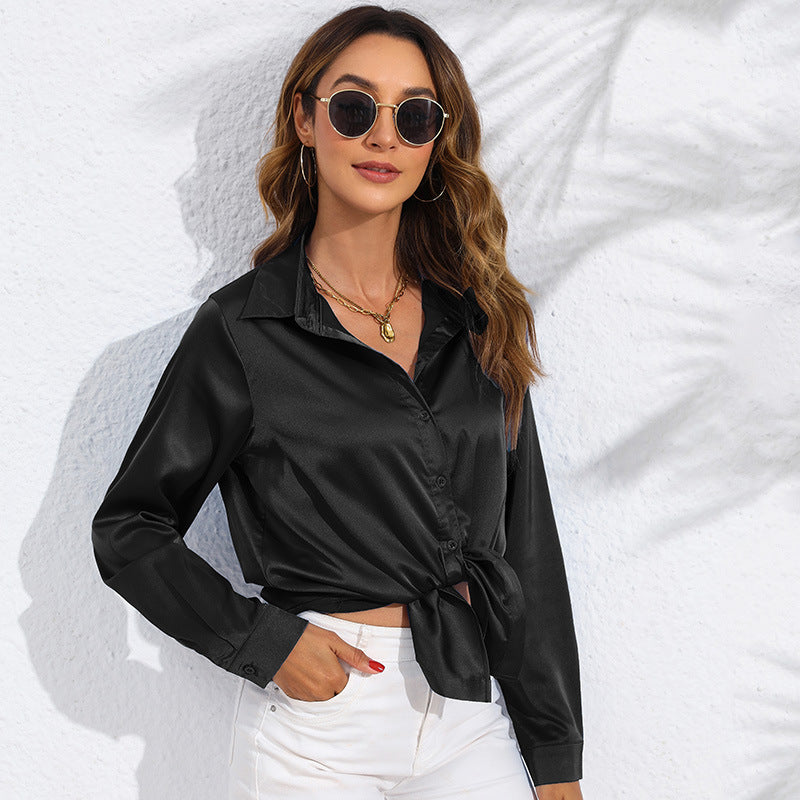 Women's Solid Color Satin Satin Long Sleeve Blouse NorixaFashion.com
