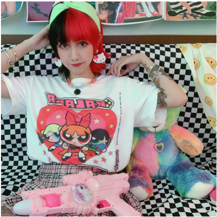 White Summer T-Shirt with Japanese Harajuku Prints Pi-Mart
