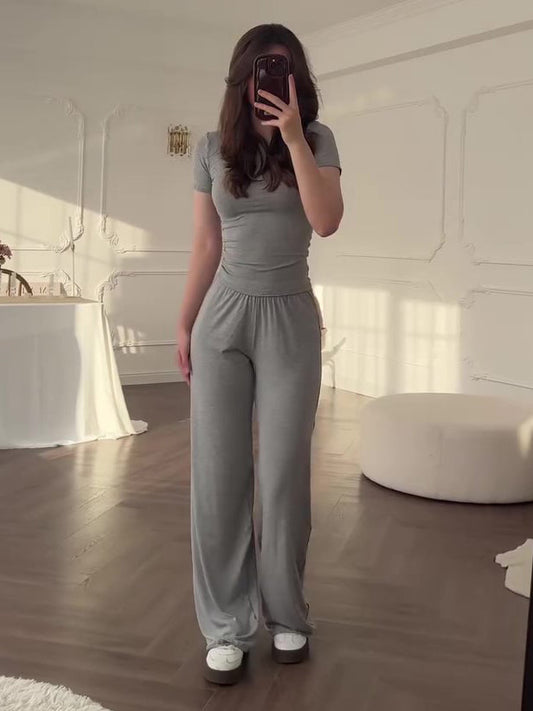 Casual Grey Short-sleeved Top & Wide-leg Pants Suit NorixaFashion.com