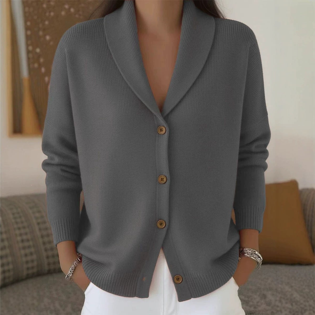 Womens Knitted Cardigan Loose-Fit Lazy Style Soft And Cozy Notch Lapel Solid Color Long-Sleeve Sweater NorixaFashion.com