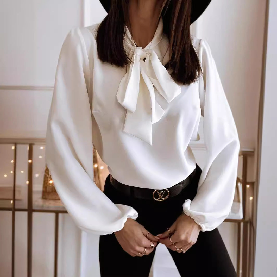 Bowknot Long Sleeve Shirt Collared Women's  Solid Color Professional Business Blouse For Work Office Wear NorixaFashion.com