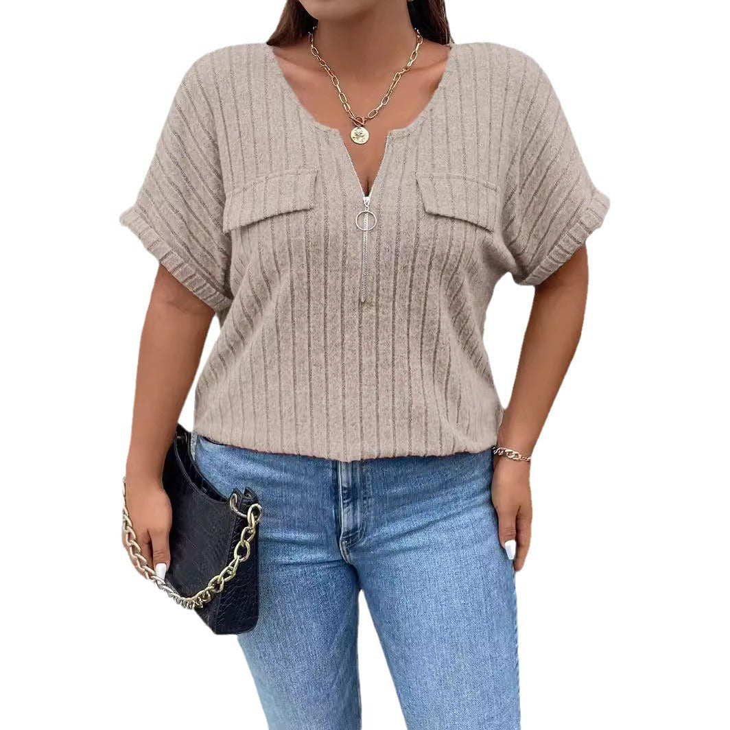 Solid-color Plus-size Top With Zipper Short Sleeves And Faux Pockets NorixaFashion.com