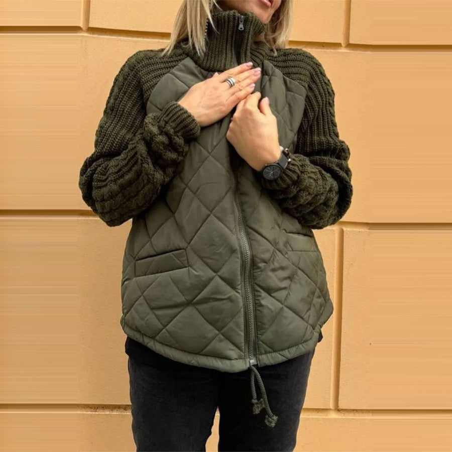 Winter Stand Collar Cotton Jacket With Pockets Fashion Knitted Stitching Zipper Coat Warm Tops For Women Clothing LadyShow.Store
