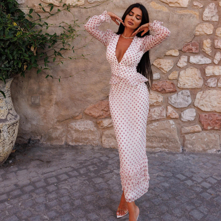 Cross Print Two-Piece Peplum Set NorixaFashion.com