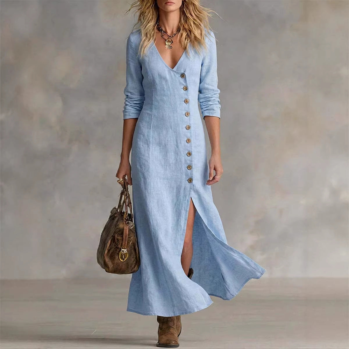 Fashionable Casual Cotton-Linen Long-Sleeve Womens Dress NorixaFashion.com