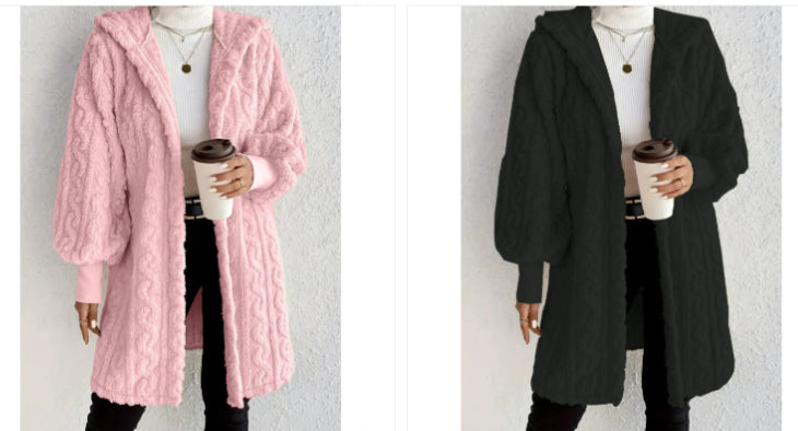 Hooded Double-sided Plush Cuff Thread Long Coat NorixaFashion.com