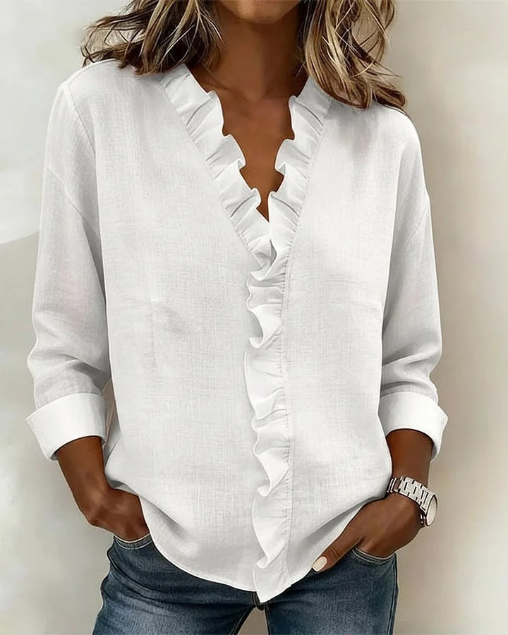 Ruffled Long Sleeve Cotton Shirt NorixaFashion.com