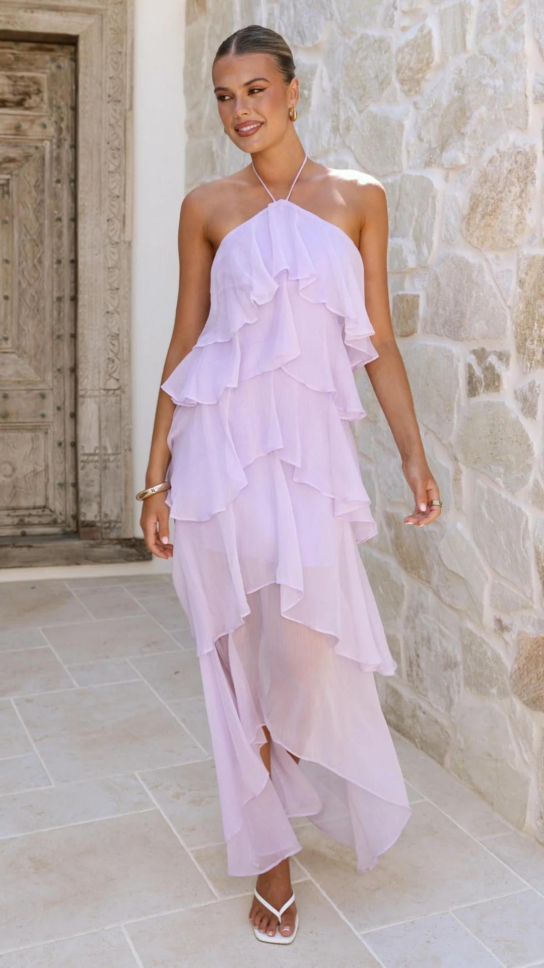 Off-shoulder Chiffon Printed Dress NorixaFashion.com