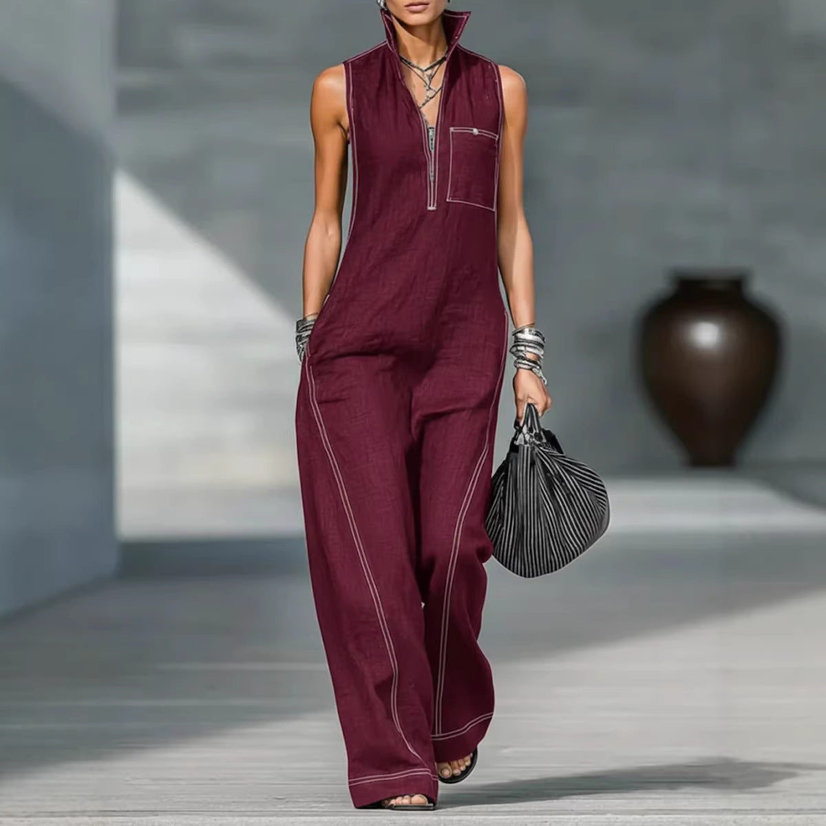 Stand-up Collar Jumpsuit With Pockets Summer Fashion Casual Sleeveless Jumpsuit Trousers Women's Clothing LadyShow.Store