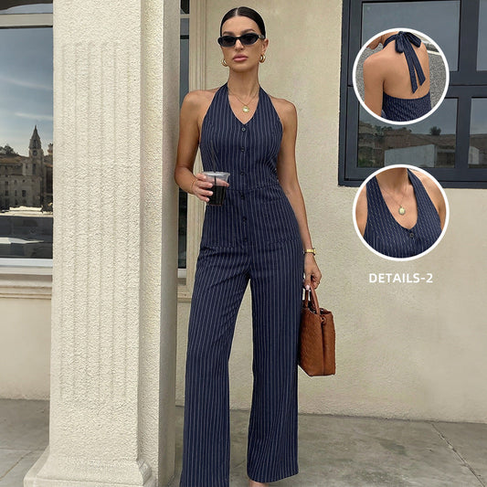 Navy Pinstripe Halter V Neck Button Front Wide Leg Jumpsuit NorixaFashion.com