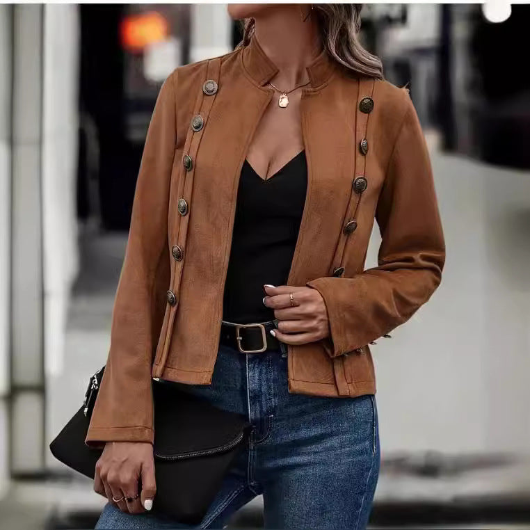 Women's Solid Color Double-breasted Decorative Deerskin Velvet Retro Long-sleeved Jacket LuxuryLifeWay Online Store