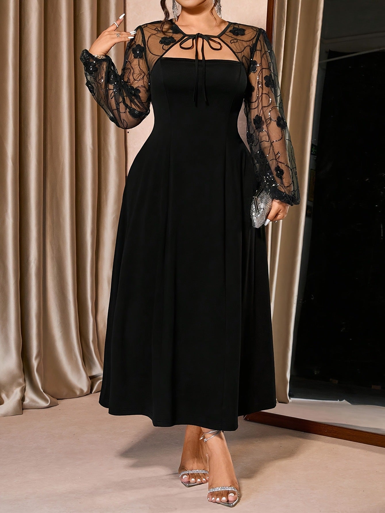 2026 Summer Plus Size Square Neck Mesh Spliced Midi Dress Elegant Casual NorixaFashion.com