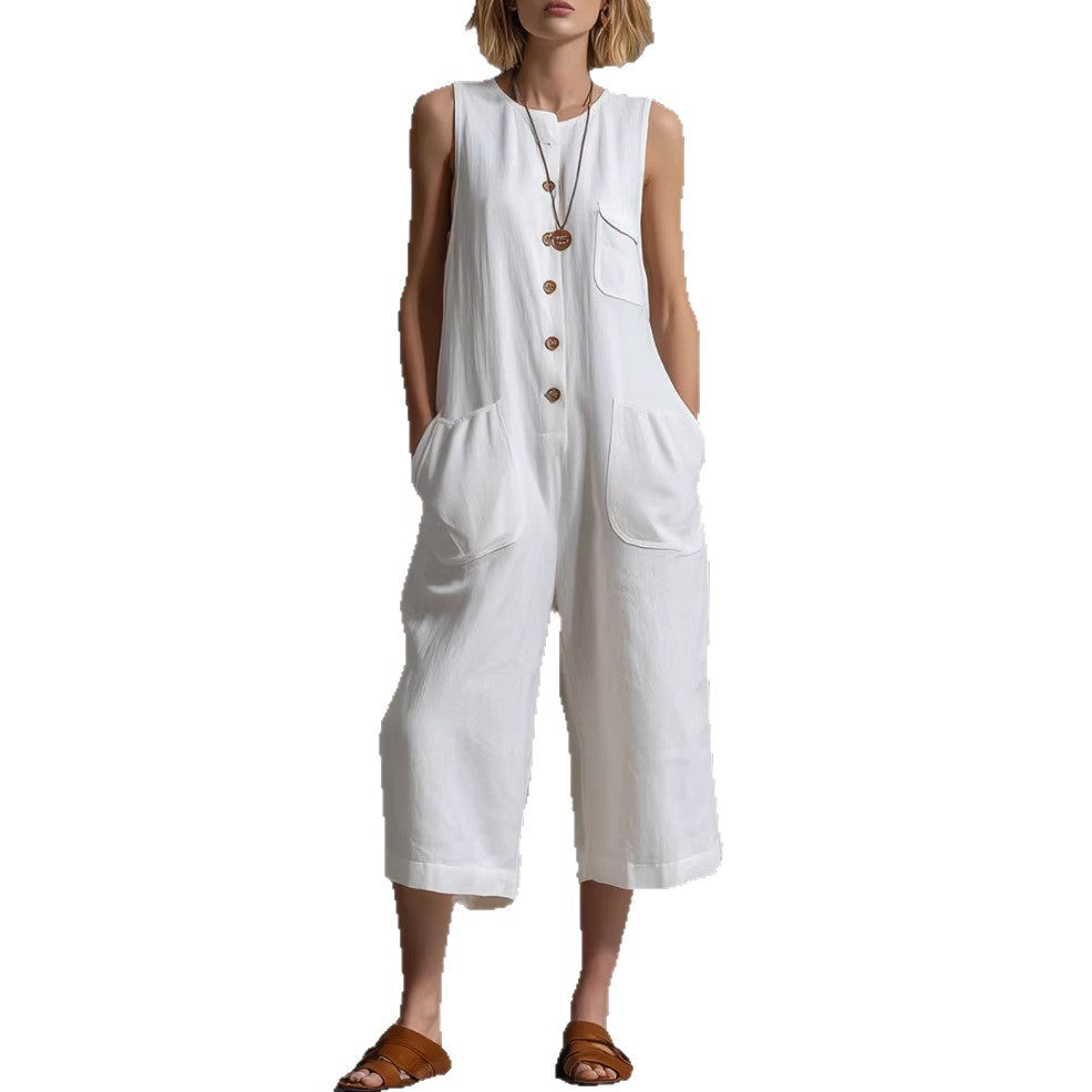 Retro Sleeveless Cotton-Linen Wide-Leg Cropped Jumpsuit LadyShow.Store