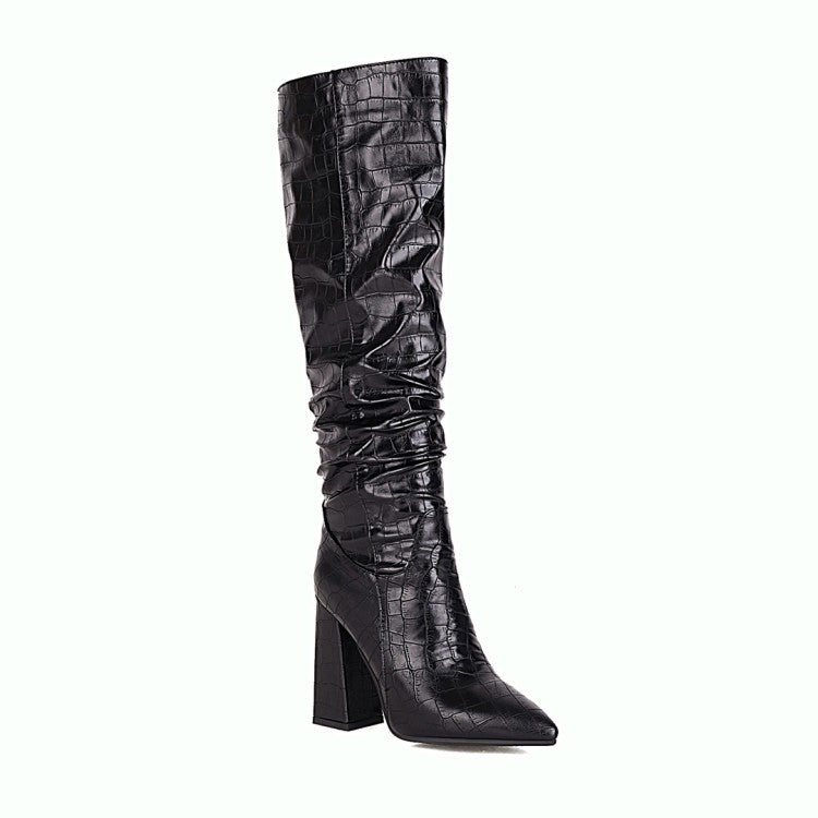 Block-heeled High-heeled High Boots With Embossed Leather Pointed Toe LadyShow.Store