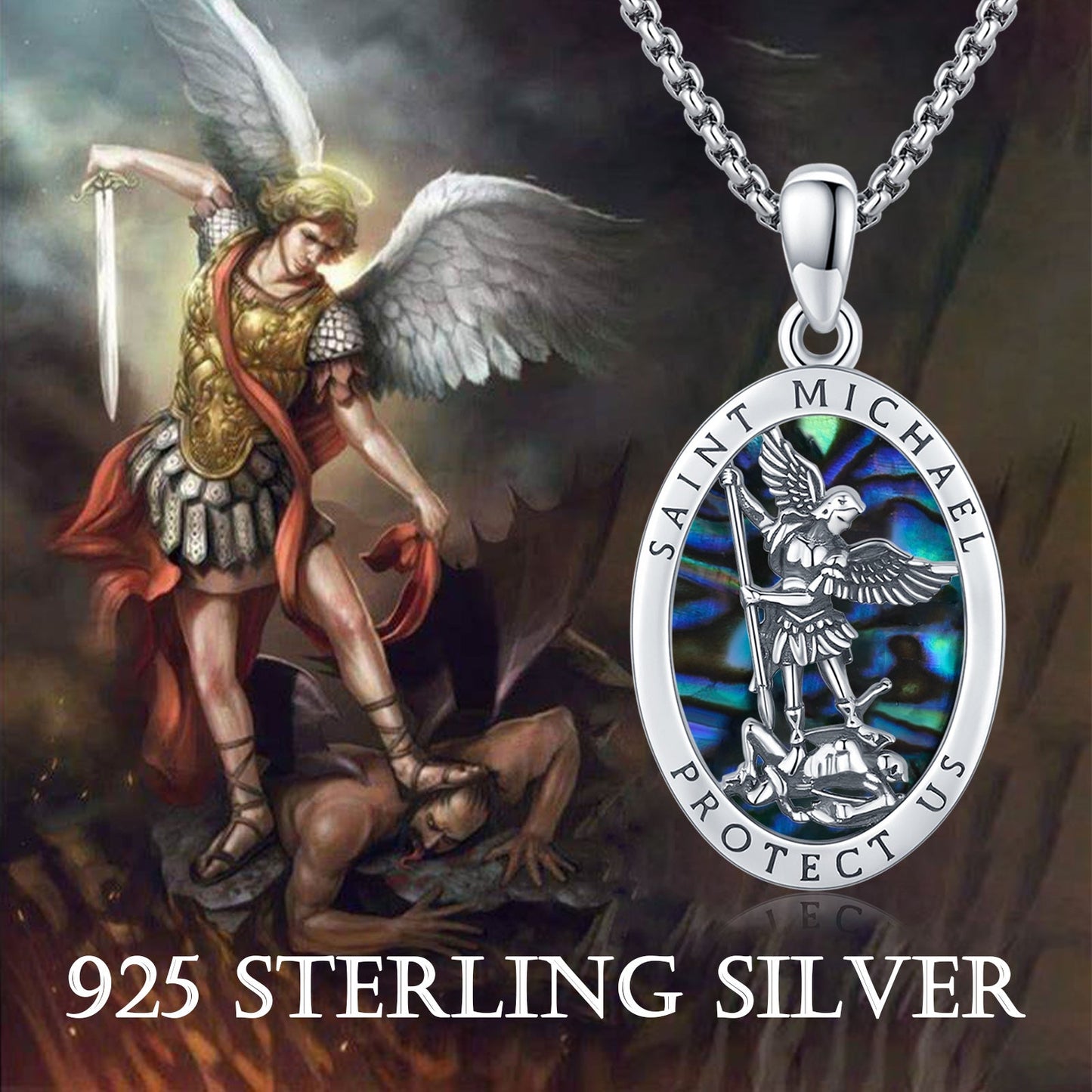 Abalone Shell Saint Michael Pendant Necklace in 925 Sterling Silver LadyShow.Store