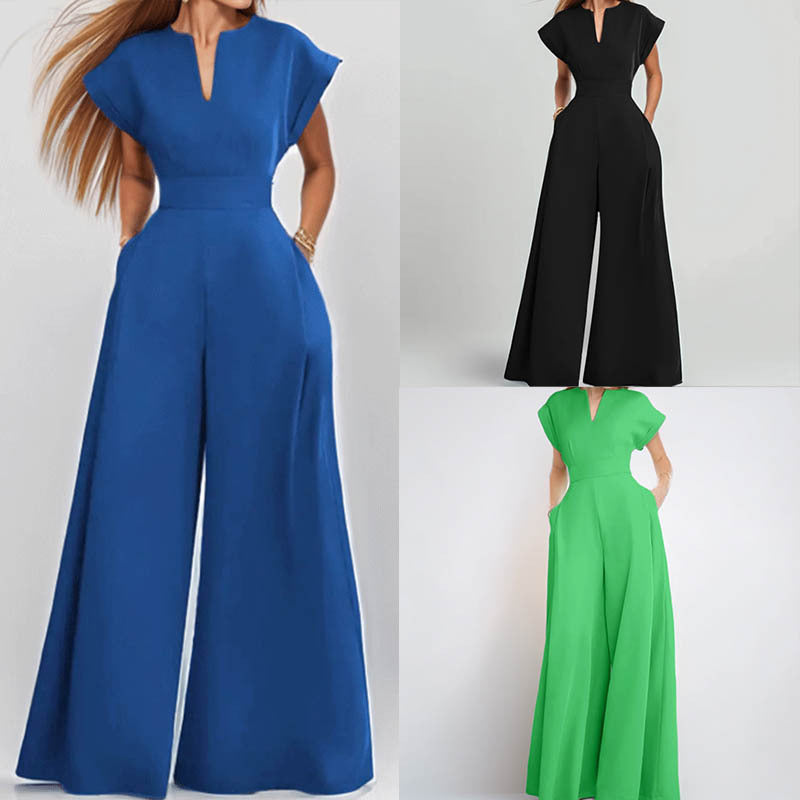 2026 Summer New Women's Fashion Commuter V-neck Waist Solid Color Wide Leg Jumpsuit NorixaFashion.com
