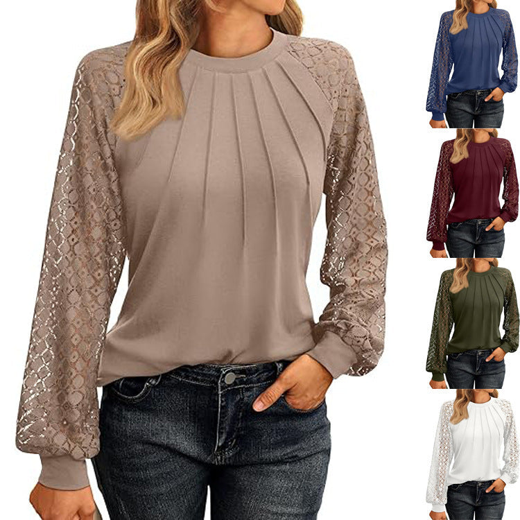 2026 Autumn New European And American Women's Long Sleeved Shirt Lace Top Casual Knitted Shirt NorixaFashion.com