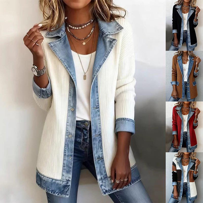 Denim Patchwork Jacket Fashion Commuter Lapel Button-down Long-sleeved Top For Women's Clothing NorixaFashion.com