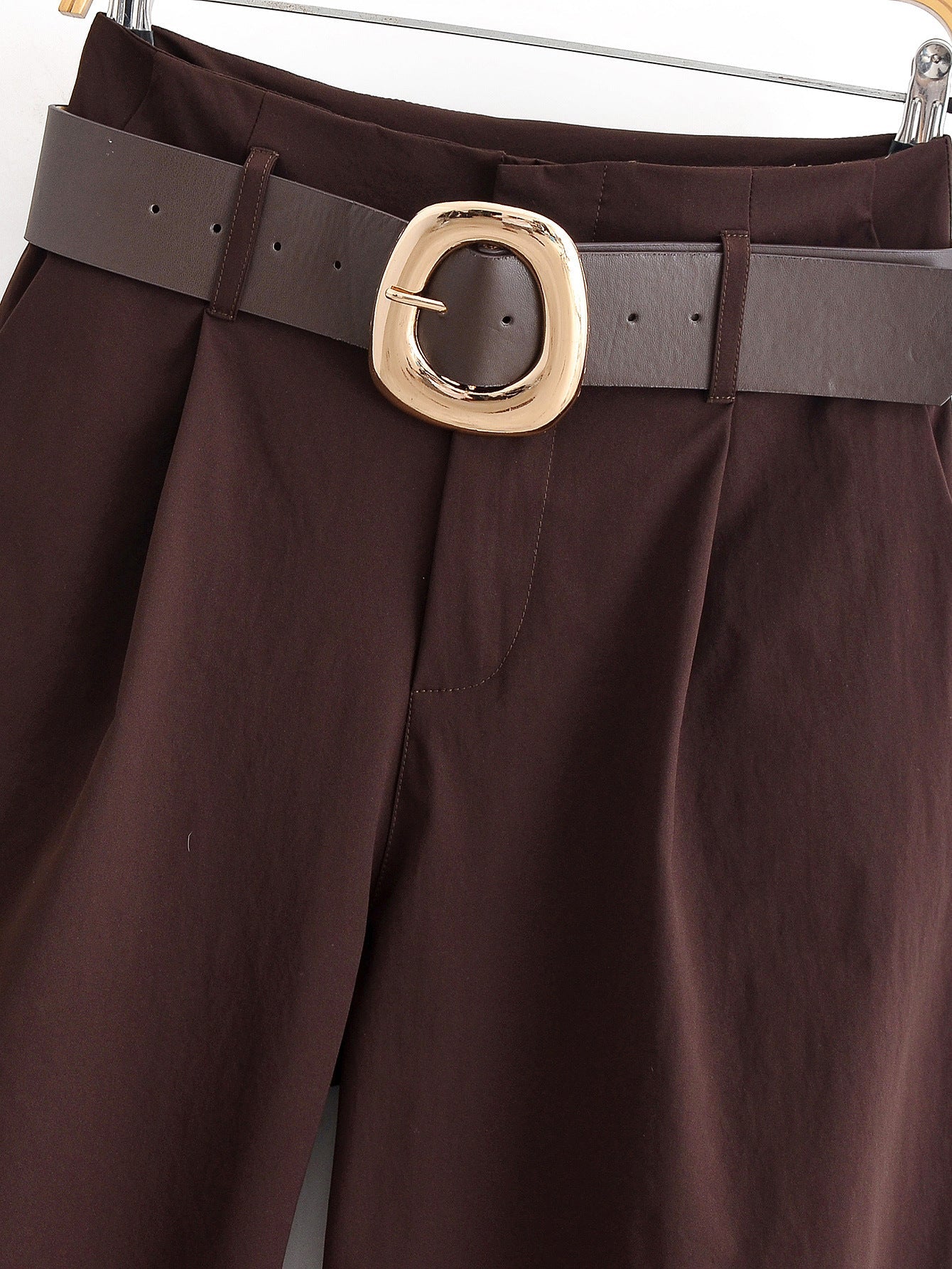 Chocolate Brown High-Waisted Wide-Leg Trousers With Belt NorixaFashion.com