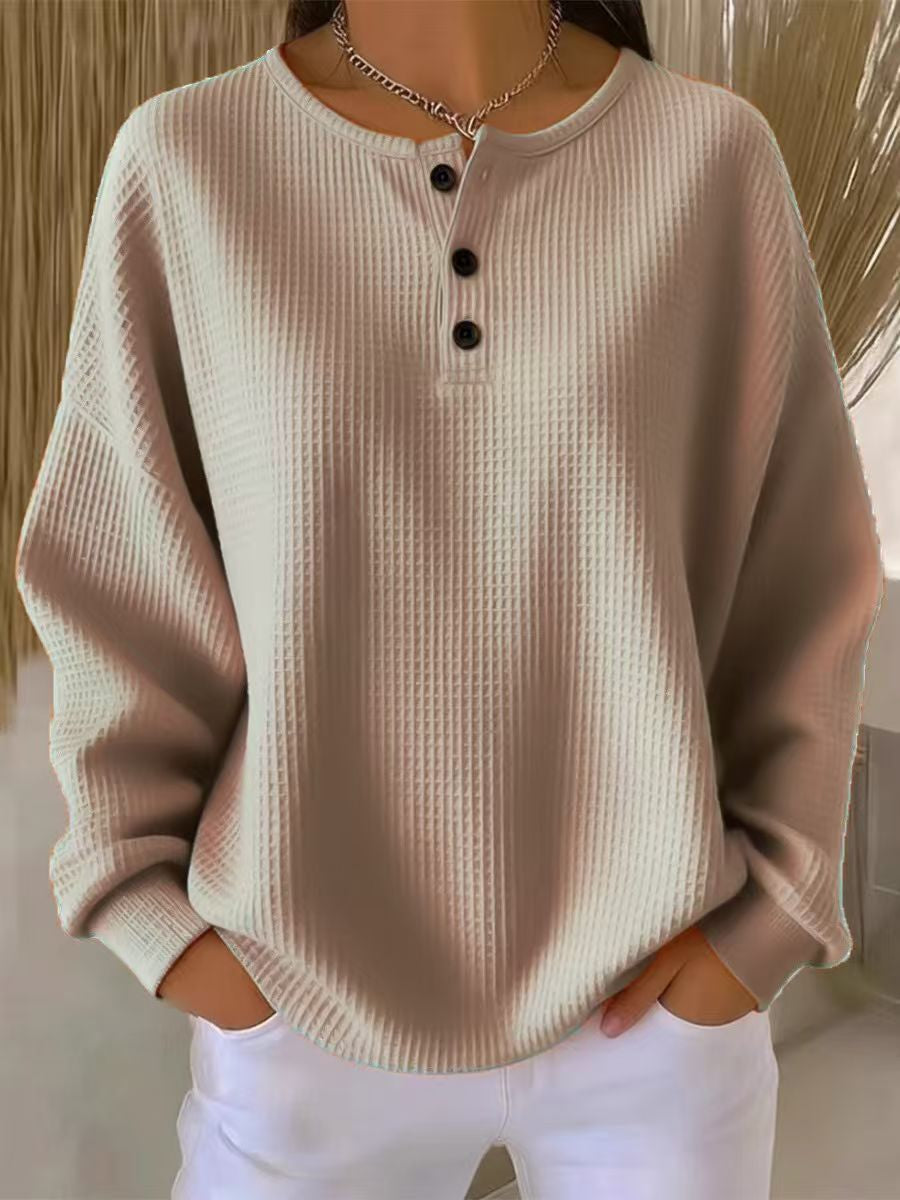 Ins Waffle Long-sleeved T-shirt Fashion Solid Color Buttons Round Neck Pullover Top Women's Clothing NorixaFashion.com