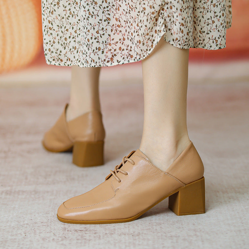 New Deep Mouth Women''s Shoes Lace Up Leather Single Shoes LadyShow.Store