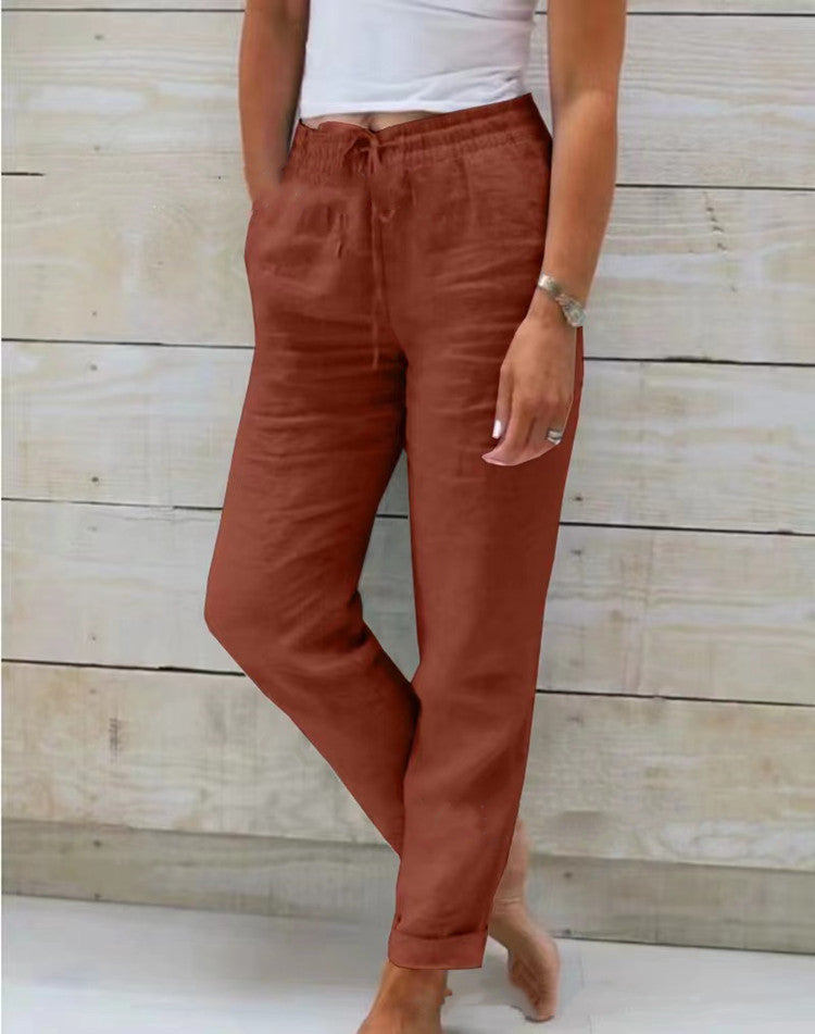 Cotton And Linen Women's High Waist Elastic Waist Solid Color Cotton And Linen Casual Pants NorixaFashion.com