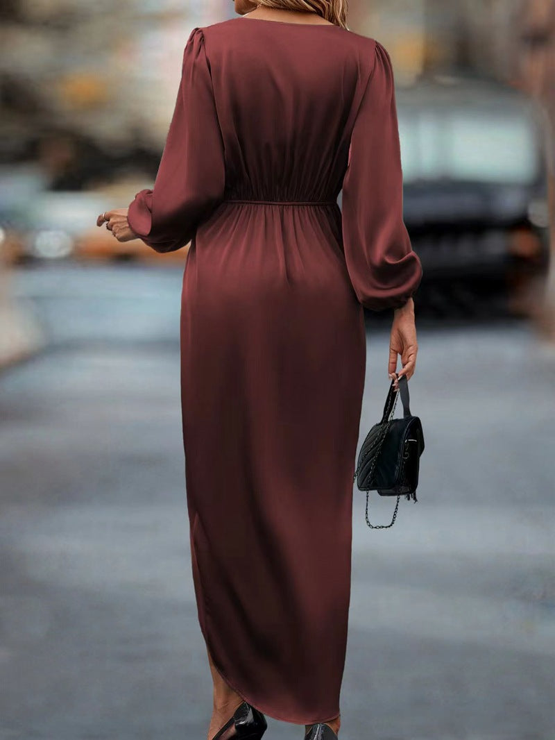 Temperament Pure Color Waist-tight Split V-neck Dress Women LadyShow.Store
