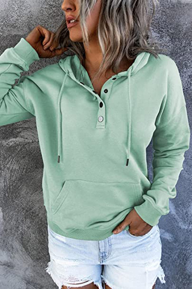 Long-sleeved Hooded Sweatshirt With Pockets Fashion Casual Button Drawstring Design Hoodie Top Spring And Autumn Sports Clothing For Women LadyShow.Store