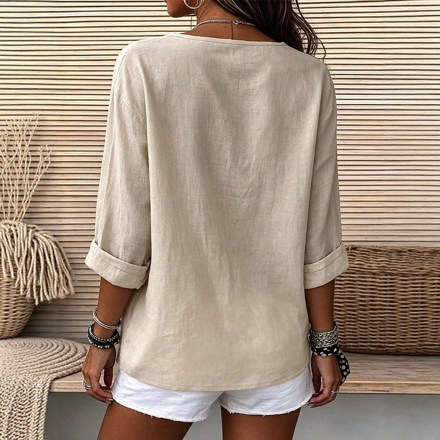 Womens V-neck Cotton-Linen Button-Down T-shirt Top NorixaFashion.com