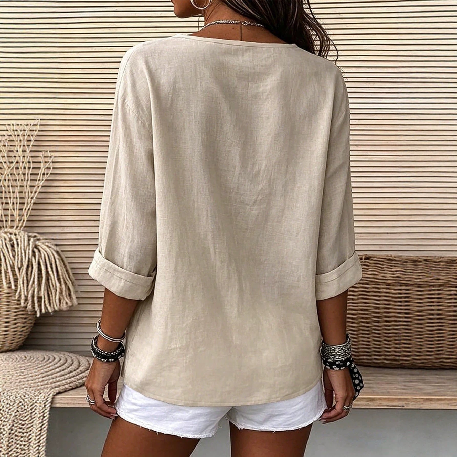 Womens V-neck Cotton-Linen Button-Down T-shirt Top NorixaFashion.com
