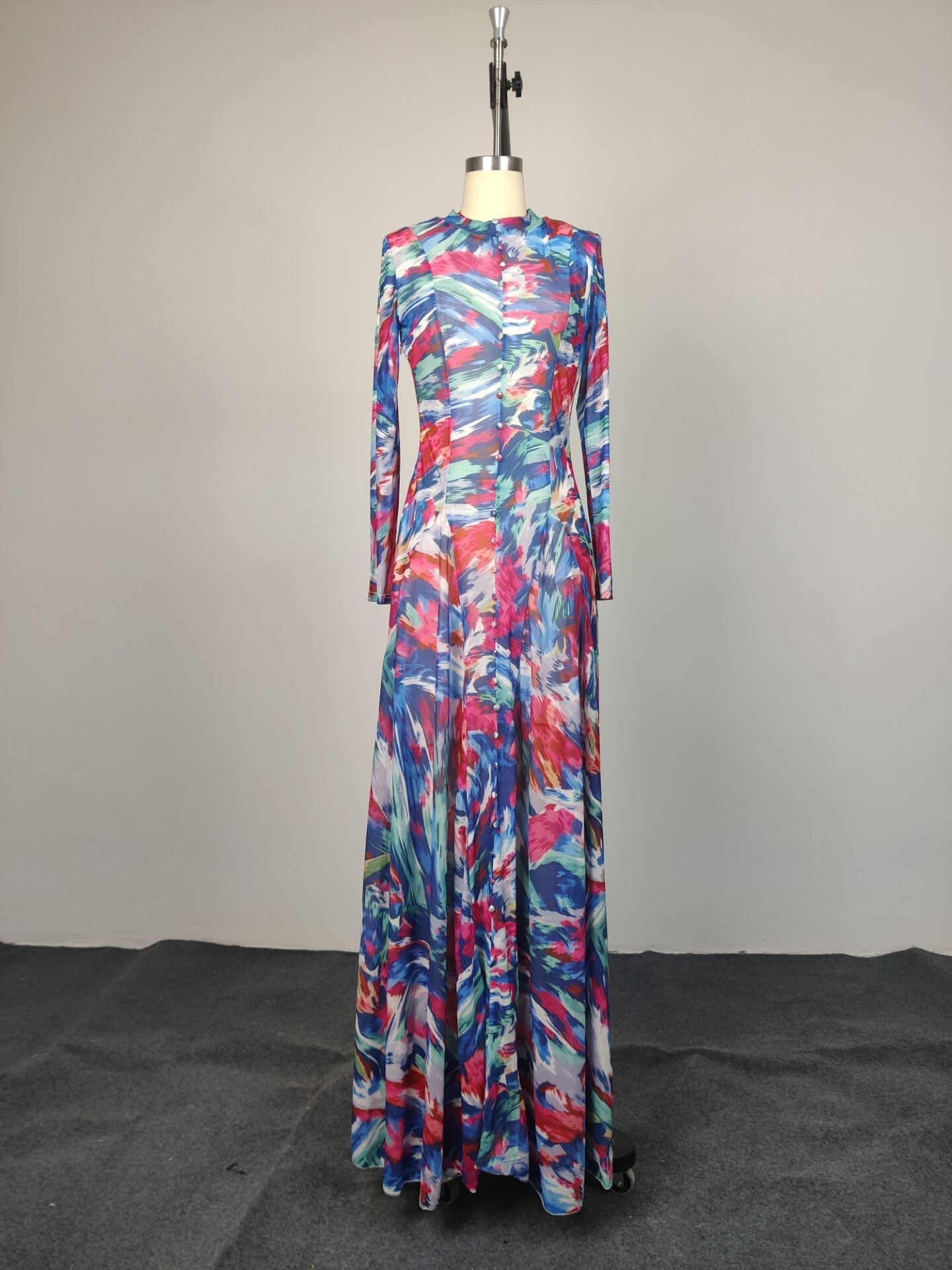 Multicolor Abstract Print Long Sleeve Maxi Dress NorixaFashion.com