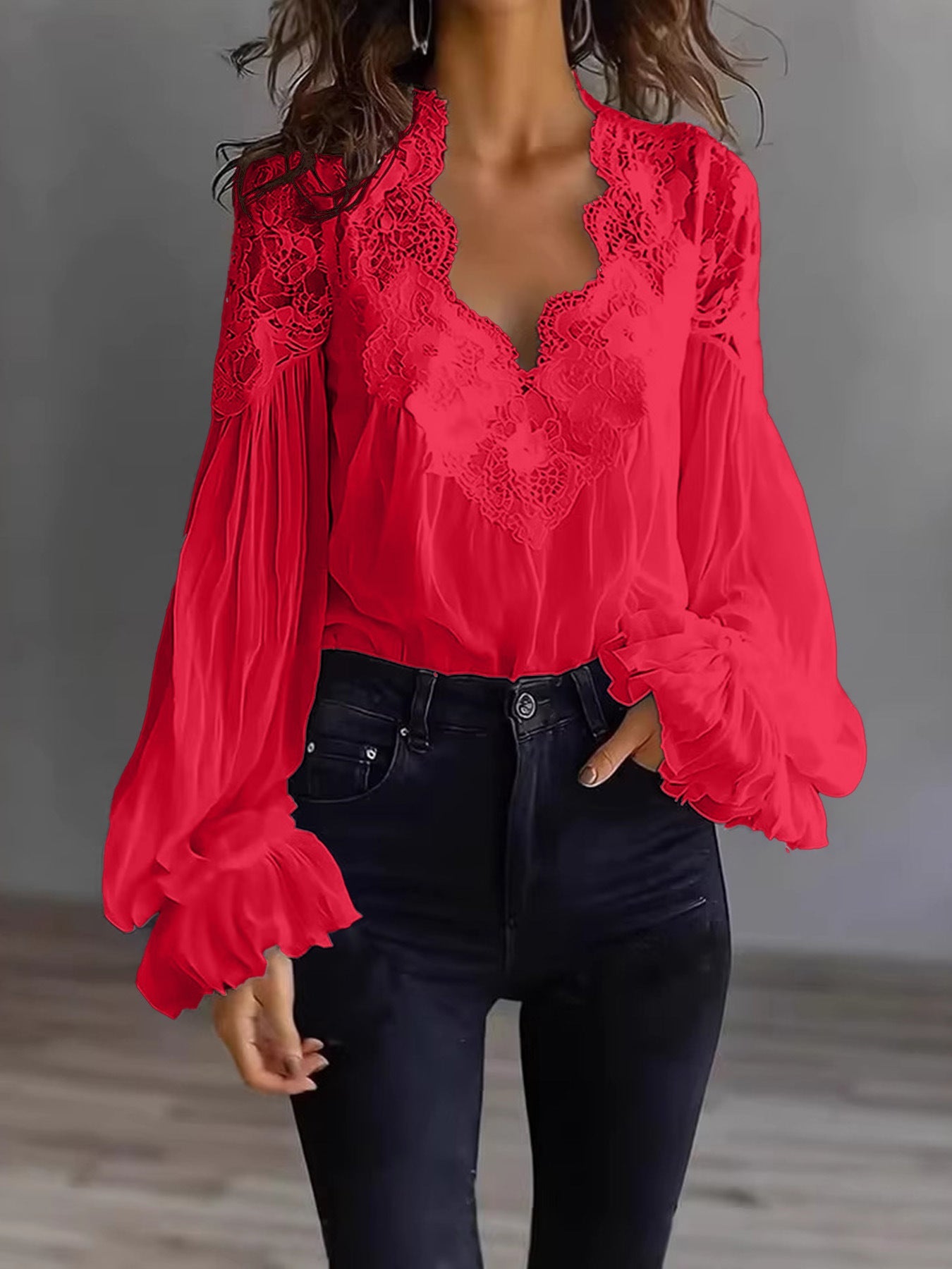 Lace-panelled Ruffled Puff-sleeve Pleated Shirt NorixaFashion.com