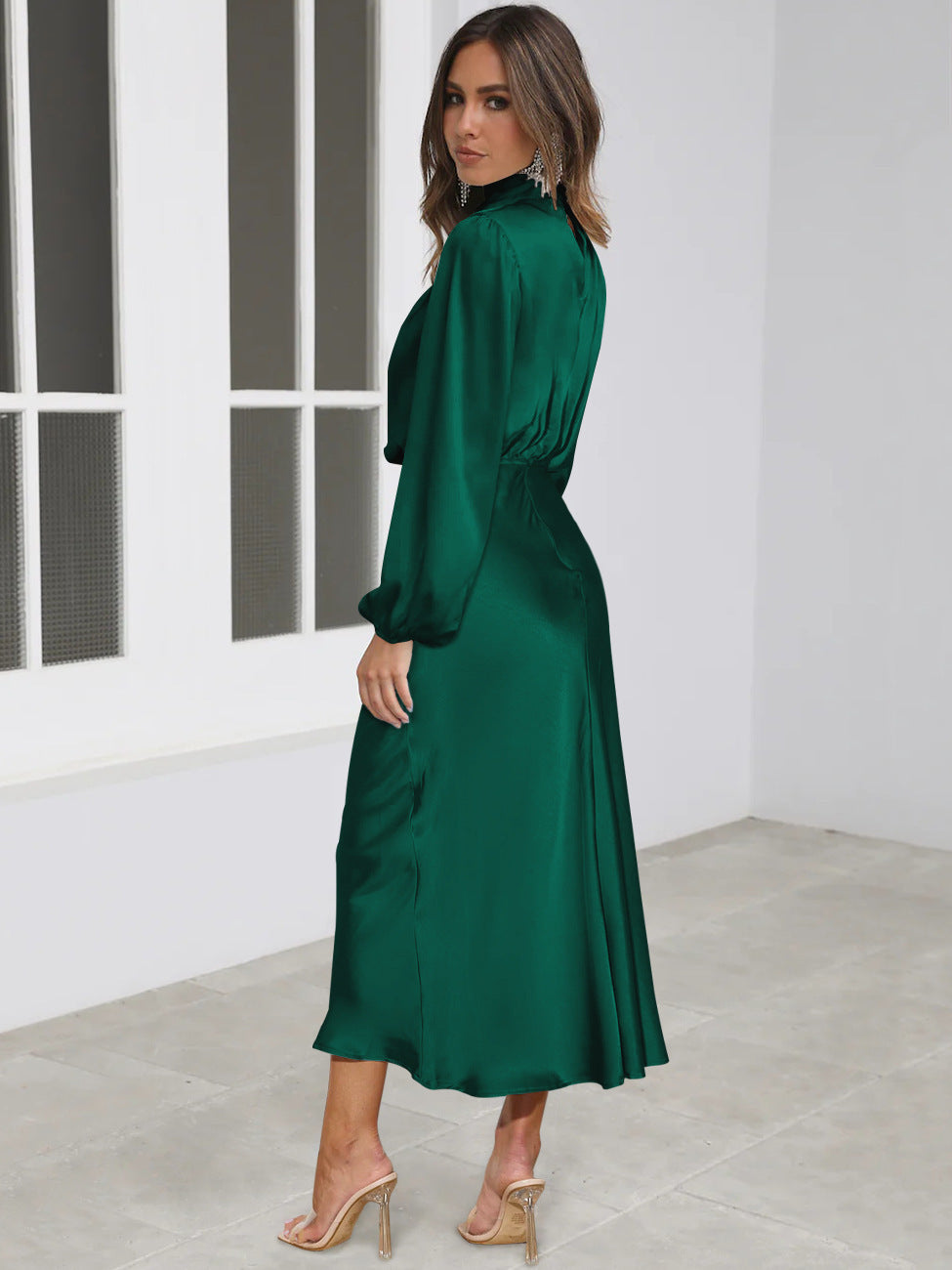 Elegant Temperament Long-sleeved Dress Satin Halterneck Formal Evening Dresses Women Clothing LadyShow.Store