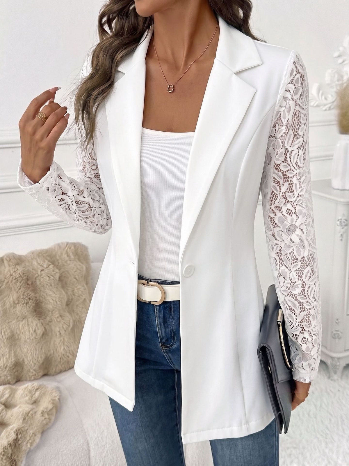 European And American Cross-border 2026 Autumn New Fashion Lapel Slim-fit One-button Blazer With Lace Long-sleeve Patchwork Jacket NorixaFashion.com