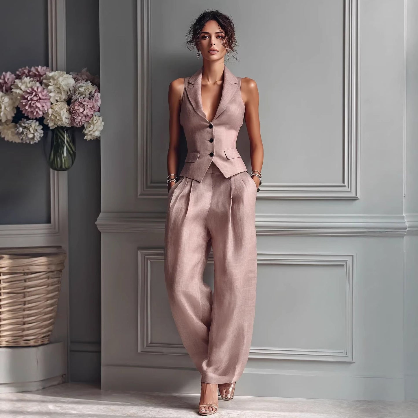 Summer Sleeveless Suit Casual Single-breasted Vest And Casual Pants Set NorixaFashion.com