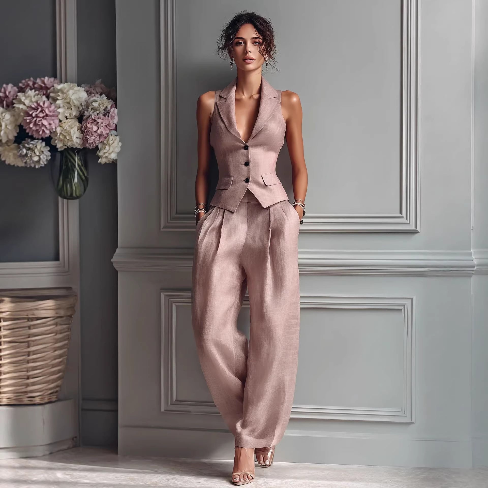 Summer Sleeveless Suit Casual Single-breasted Vest And Casual Pants Set NorixaFashion.com