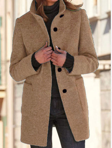 Women's Stand Collar Woolen Coat - Slim Fit Fall and Winter Button Front Trench Coat with Pockets Best YouTube Store