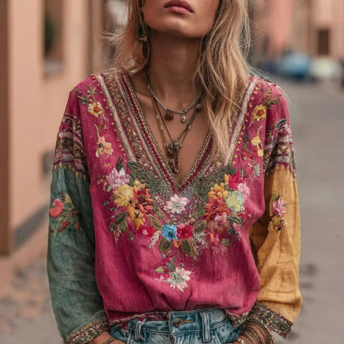 Women's Casual Vintage Bohemian V-neck Top With Ethnic-style Long Sleeves LadyShow.Store
