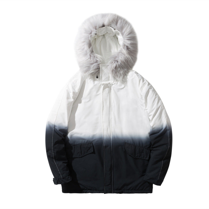 Gradient Cotton Jacket with Large Fur Collar for Couples Pi-Mart