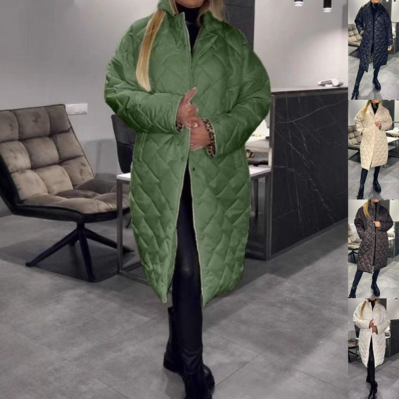 Winter Rhombus Stitching Coat Warm Solid Color Pocket Lapel Long Jacket Women's Clothing LadyShow.Store