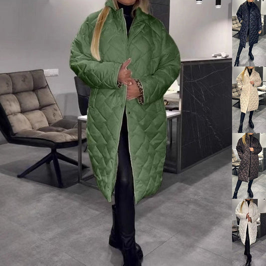 Winter Rhombus Stitching Coat Warm Solid Color Pocket Lapel Long Jacket Women's Clothing LadyShow.Store