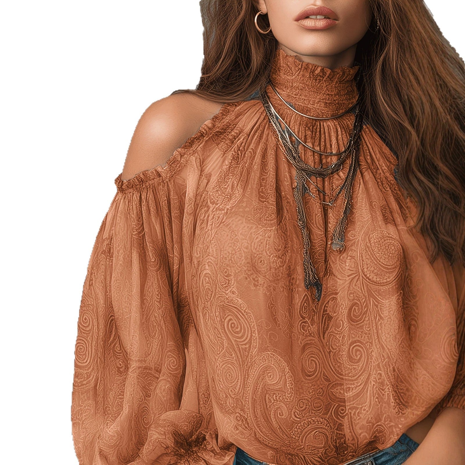 Retro Cashew-print High-neck Off-shoulder Chiffon Blouse NorixaFashion.com