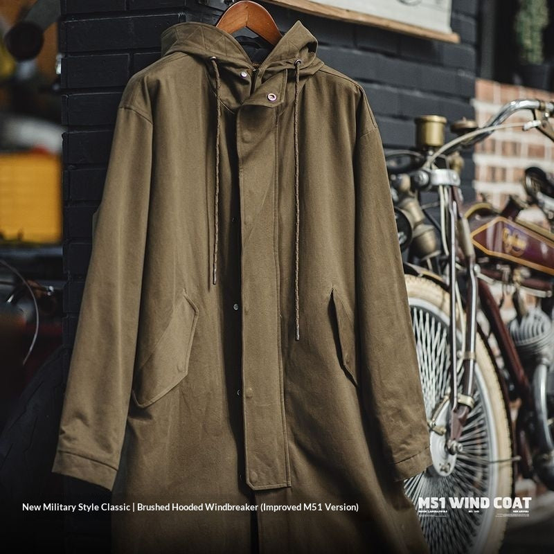 Military Style Brushed Fleece Hooded Windbreaker Loose Pure Cotton Mid-length Coat For Men Autumn LadyShow.Store