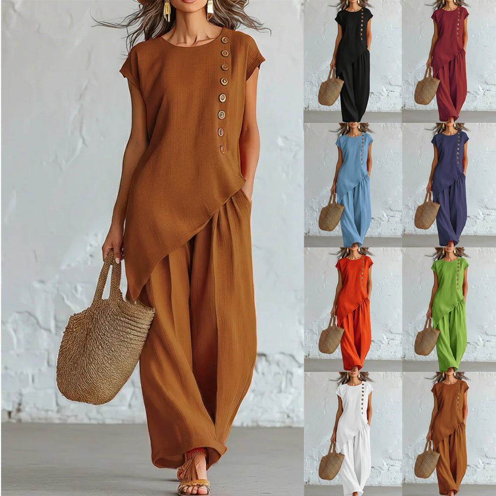 Womens Solid-Color Crew-Neck Buttoned Short-Sleeve Wide-Leg Pants Set NorixaFashion.com