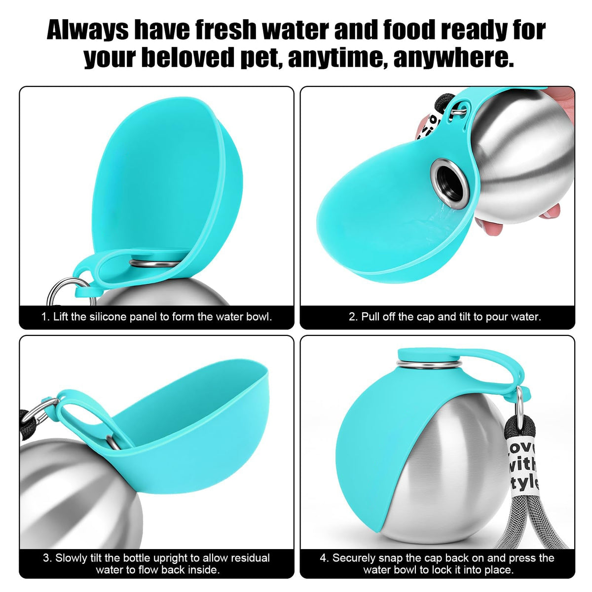 Portable Dog Water Bottle 10oz Stainless Steel Travel Dog Water Dispenser With Bowl No-Spill Puppy Water Bottle For Walking Hiking Small Dog Water Bottle Pets Fashion