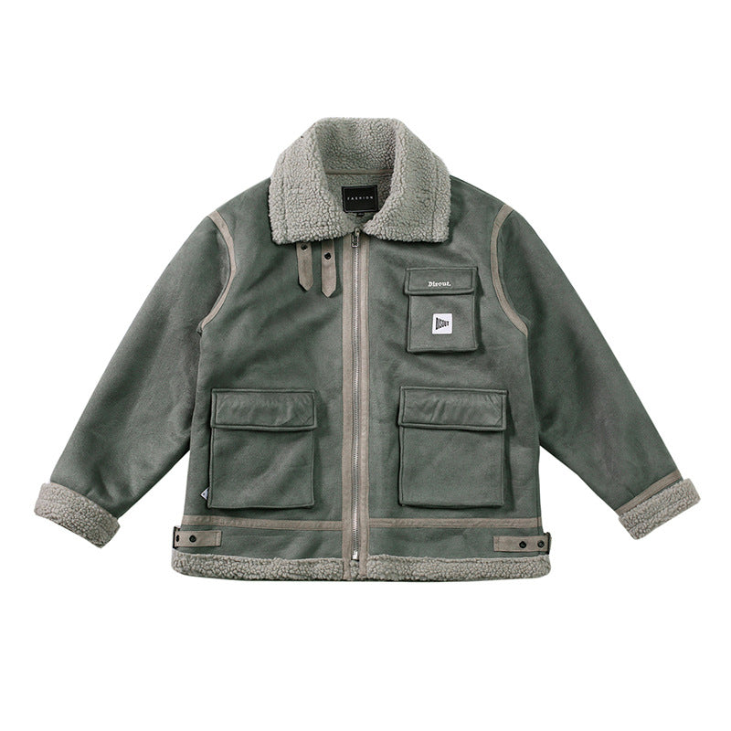 Multi-Pocket Harajuku Work Jacket with Sherpa Lining Pi-Mart